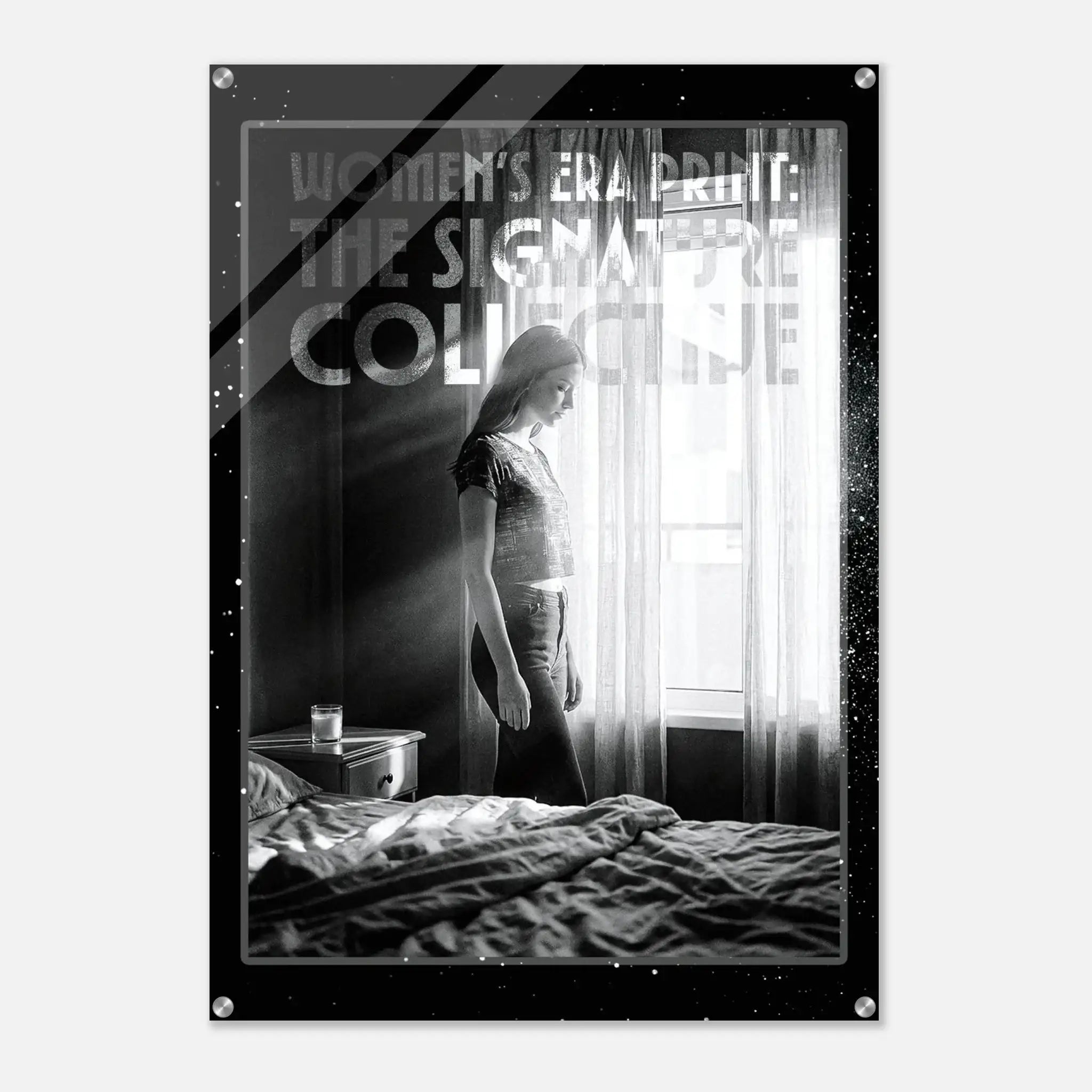 Poster of a woman standing by a window with text about 'Women's Era Print' and 'The Signature Collection'.