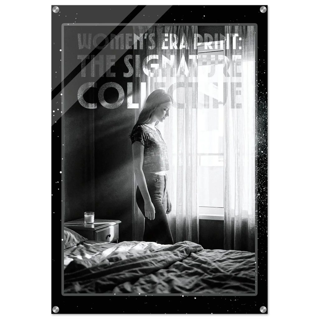 Poster of a woman standing by a window with text overlay