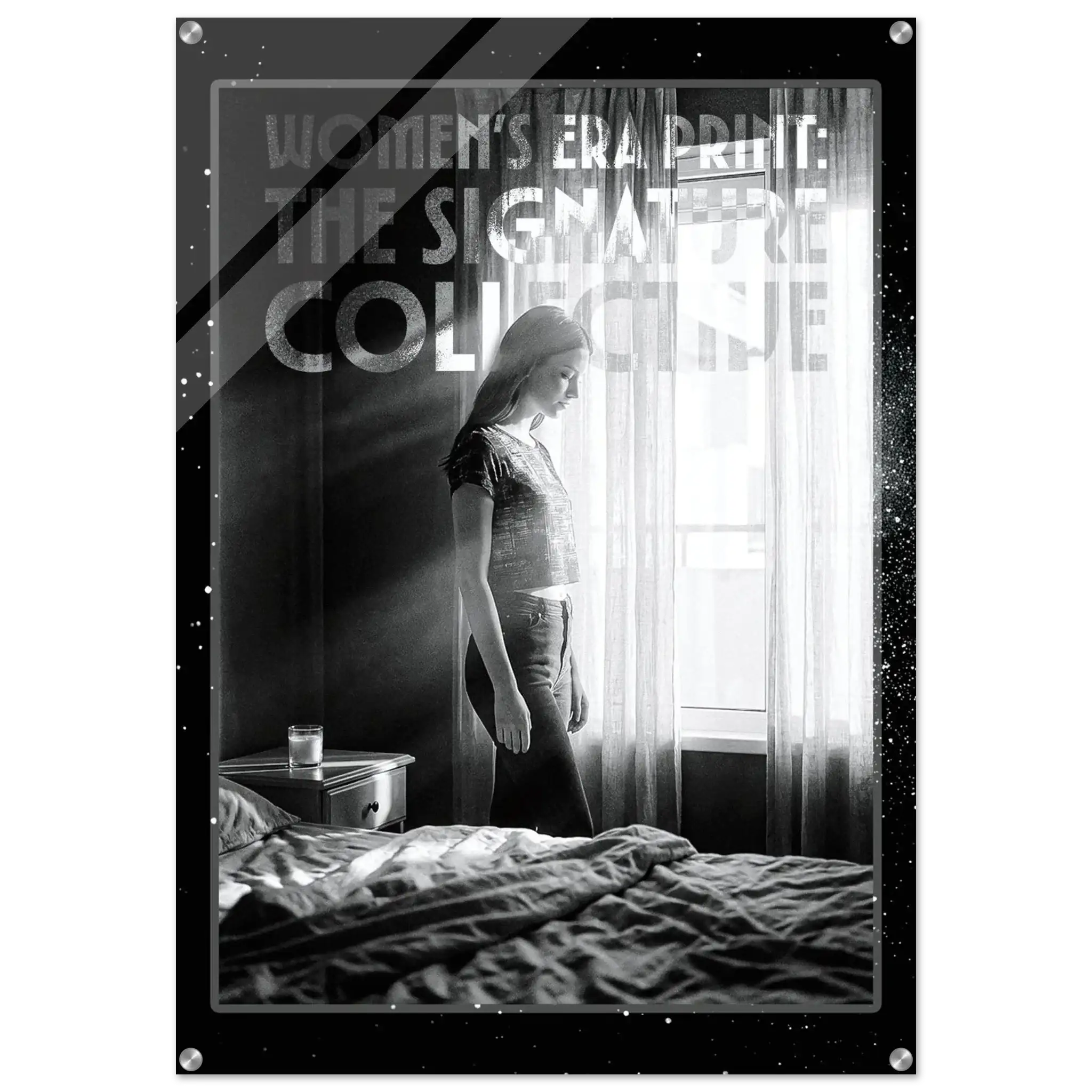 Poster of a woman standing by a window with text overlay