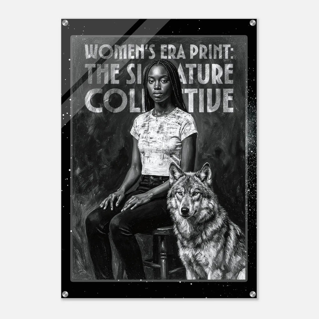 Poster with a woman and a wolf, featuring text about the Women's Era Print and the Signature Collective.