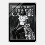 Poster with a woman and a wolf, featuring text about the Women's Era Print and the Signature Collective.