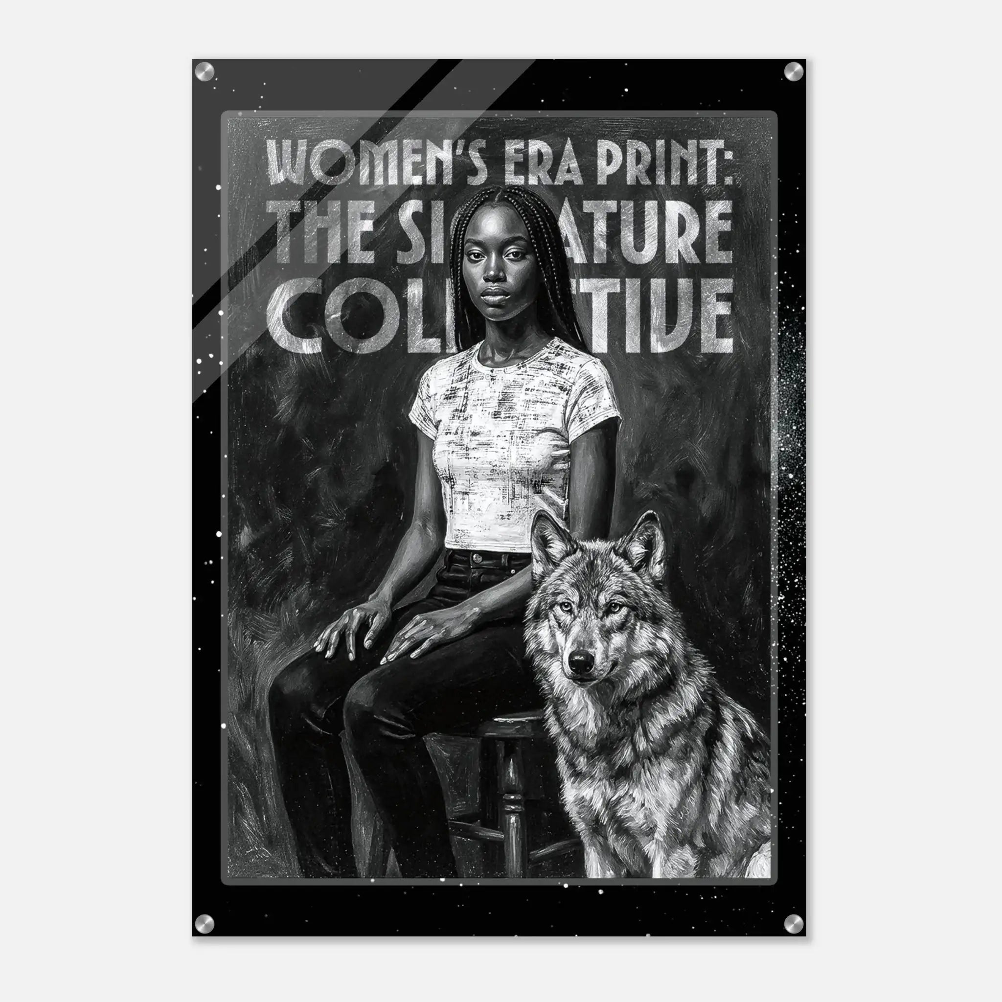 Poster with a woman and a wolf, featuring text about the Women's Era Print and the Signature Collective.