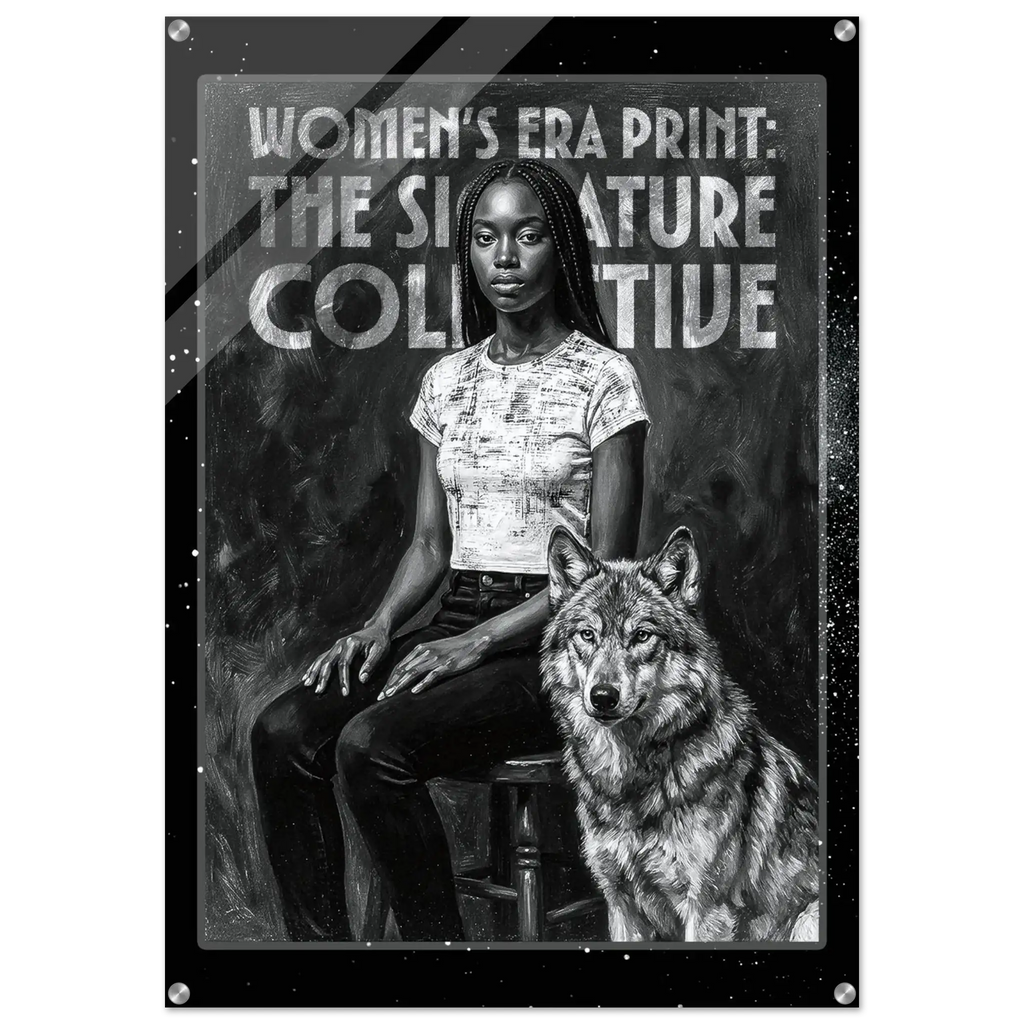 Poster with a woman and a wolf, featuring text about the Women's Era Print and The Signature Collective.