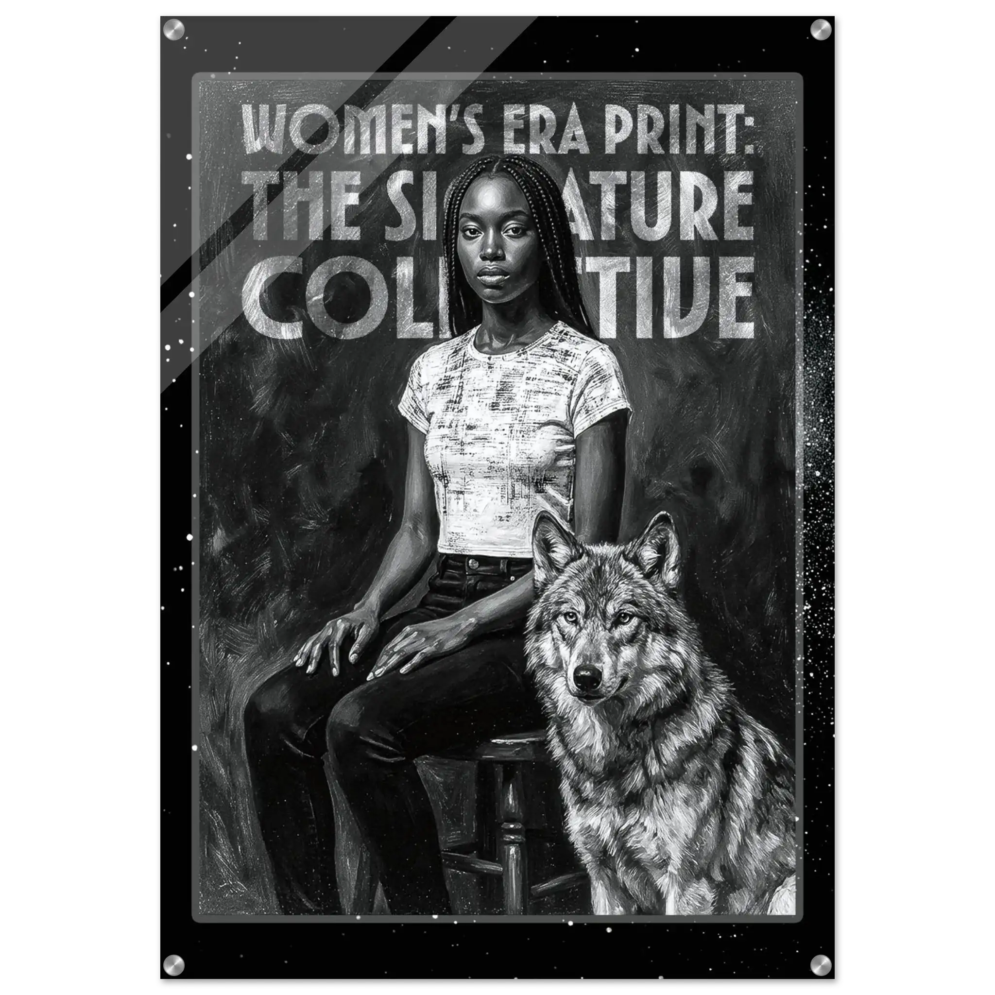 Poster with a woman and a wolf, featuring text about the Women's Era Print and The Signature Collective.