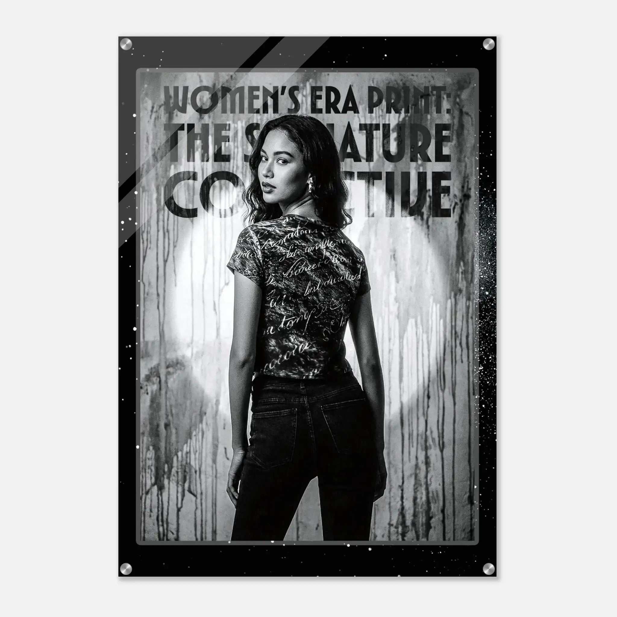 Woman standing in front of a textured wall with text overlay