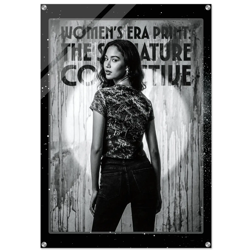 Woman wearing a patterned shirt with text in front of a textured background