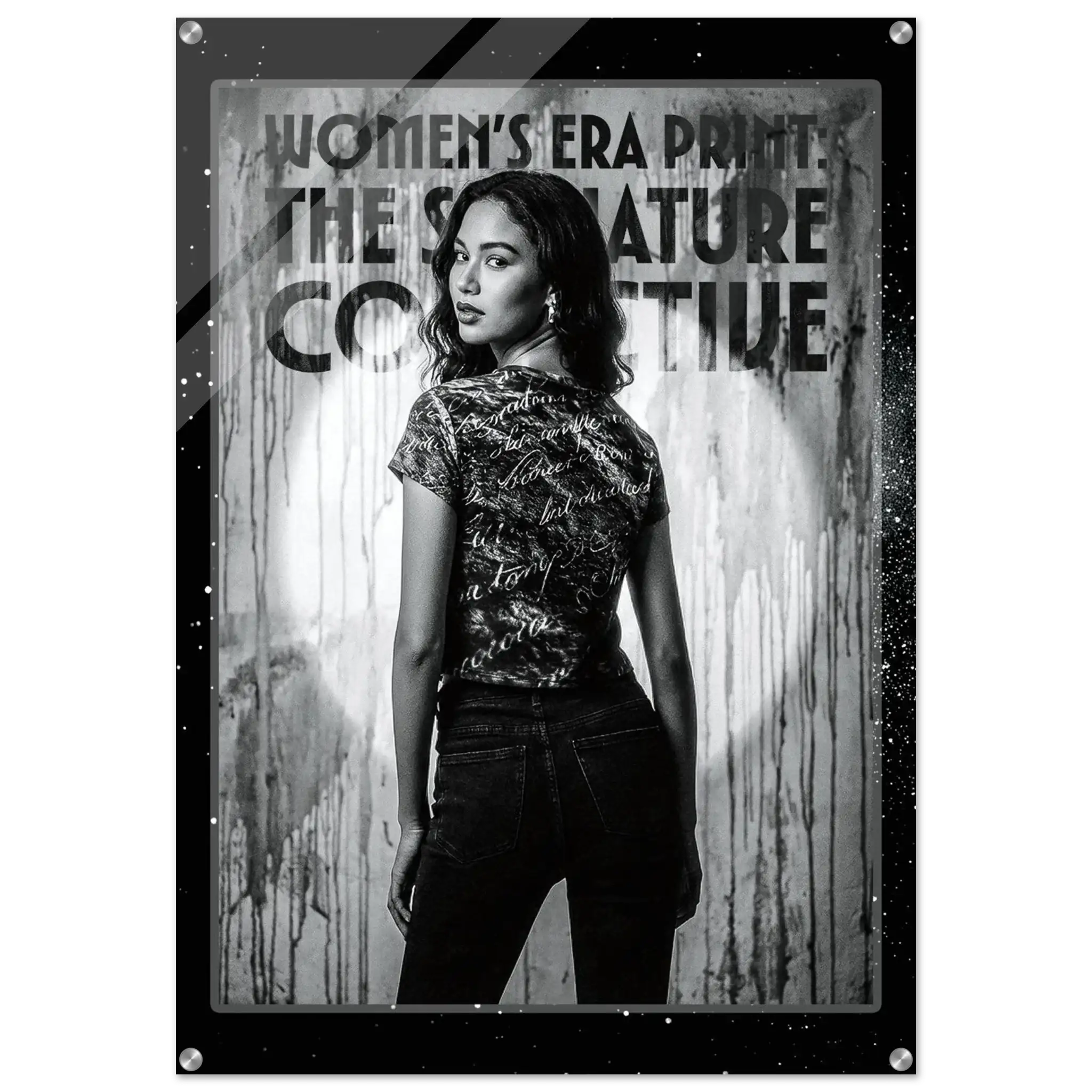 Woman wearing a patterned shirt with text in front of a textured background