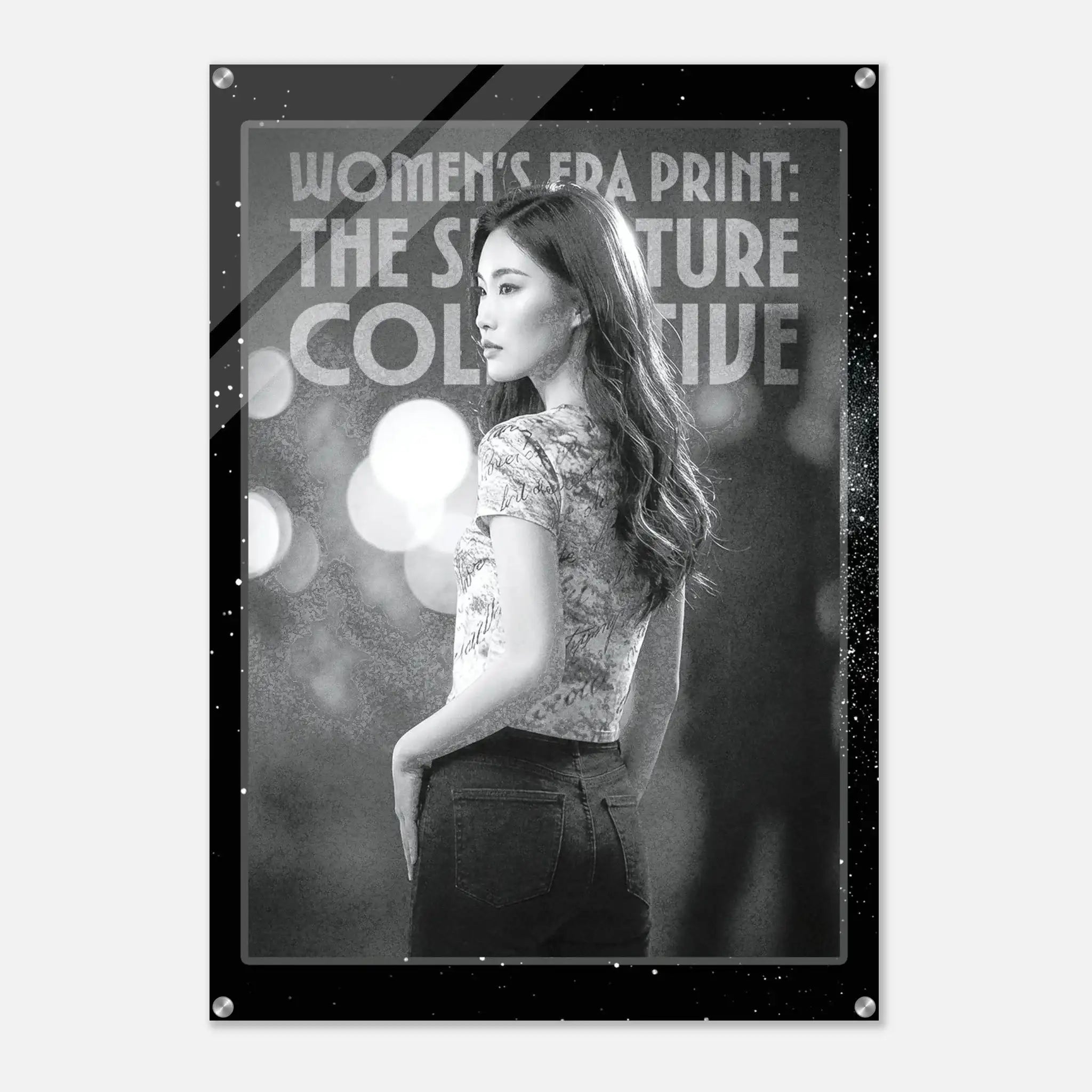 Poster with a woman's portrait and text about 'Women's Era Print' on a dark background.