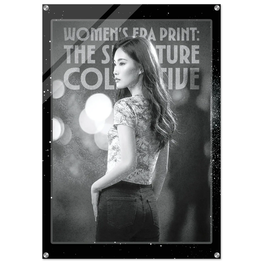 Poster with a woman wearing a floral shirt and text about women's era print.