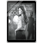 Poster with a woman wearing a floral shirt and text about women's era print.