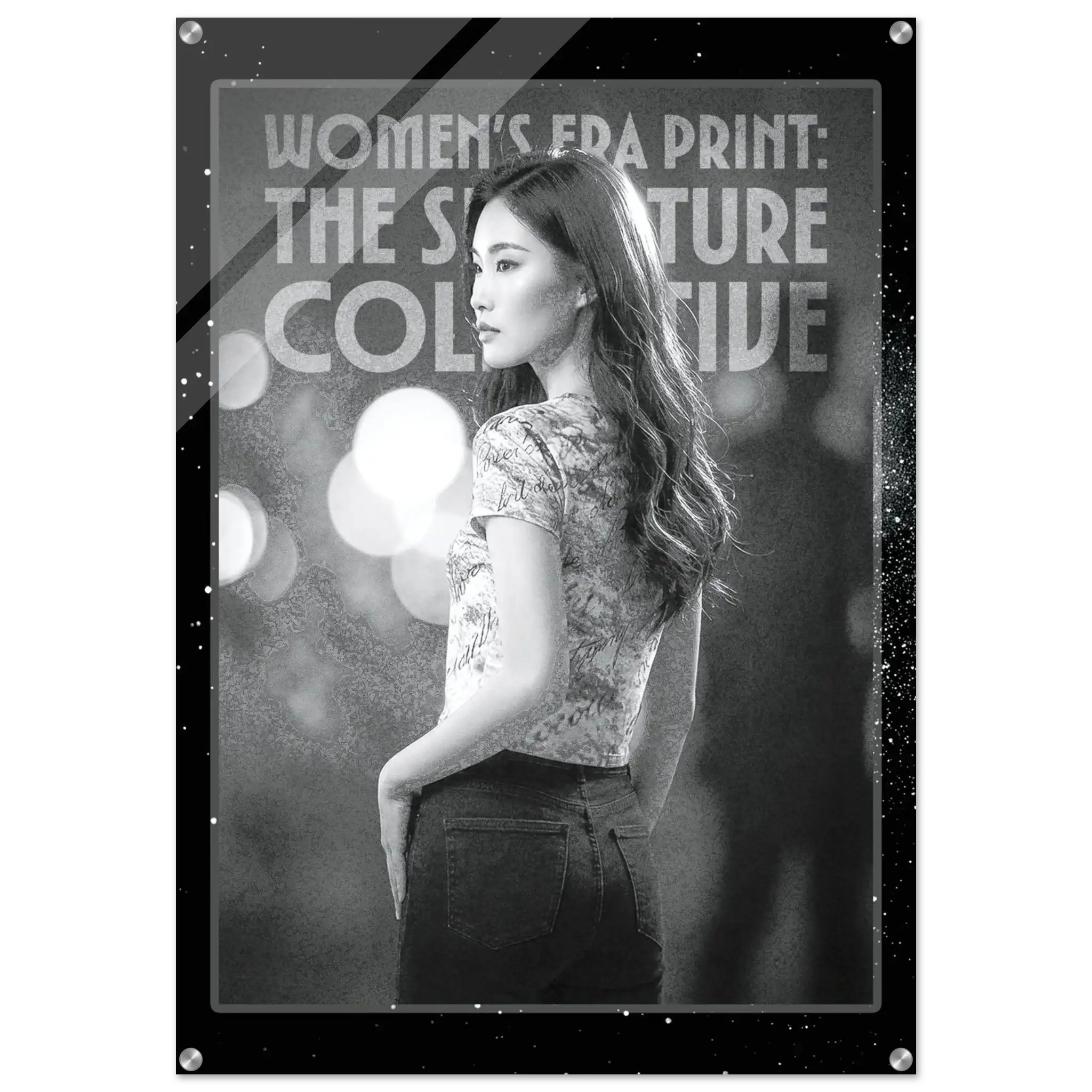 Poster with a woman wearing a floral shirt and text about women's era print.