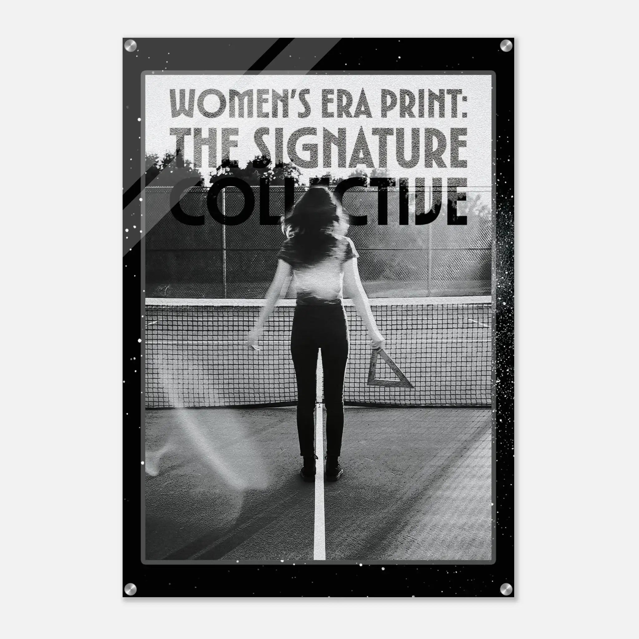 Poster of a woman on a tennis court with 'Women's Era Print: The Signature Collective' text.