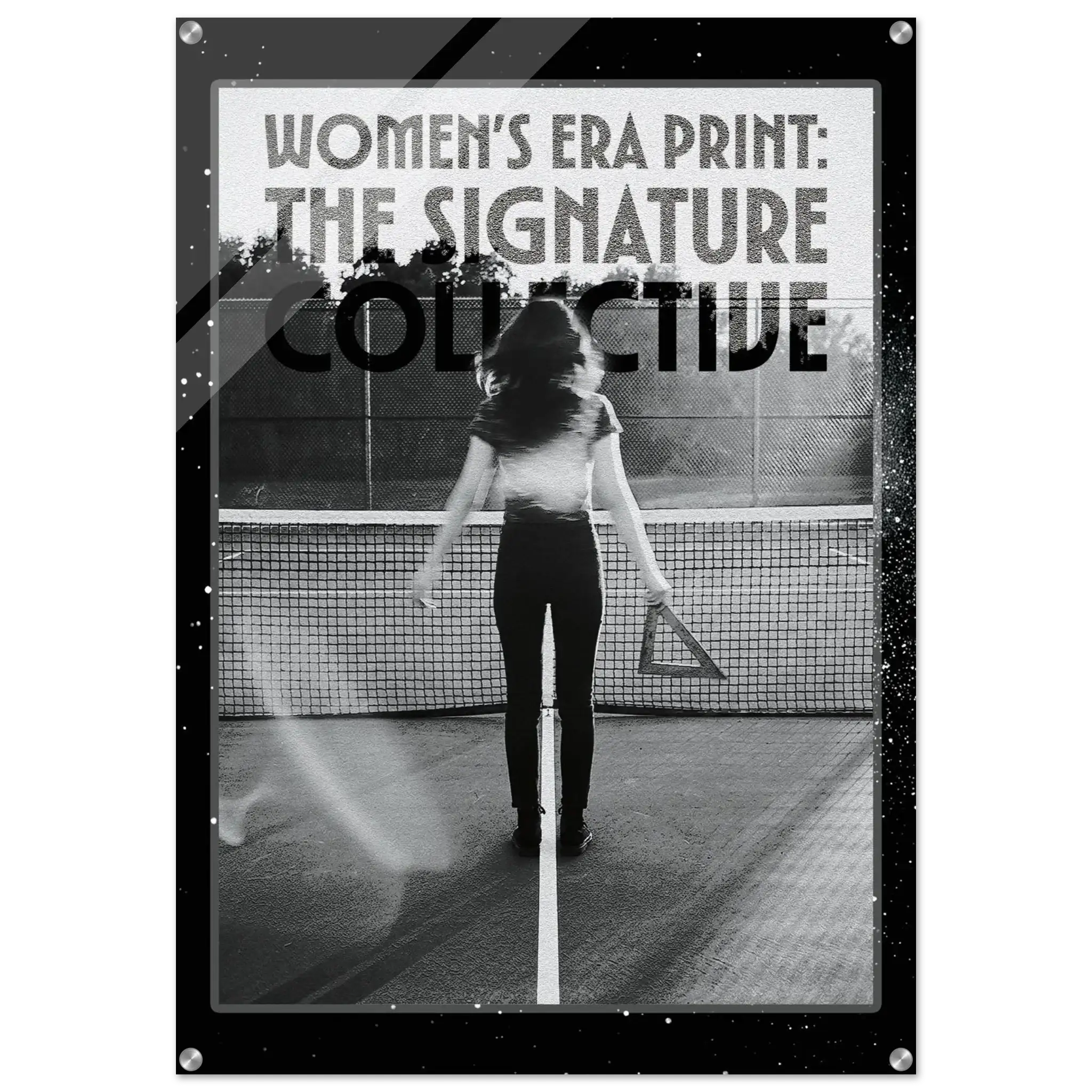 Poster of a woman on a tennis court with 'Women's Era Print: The Signature Collective' text.