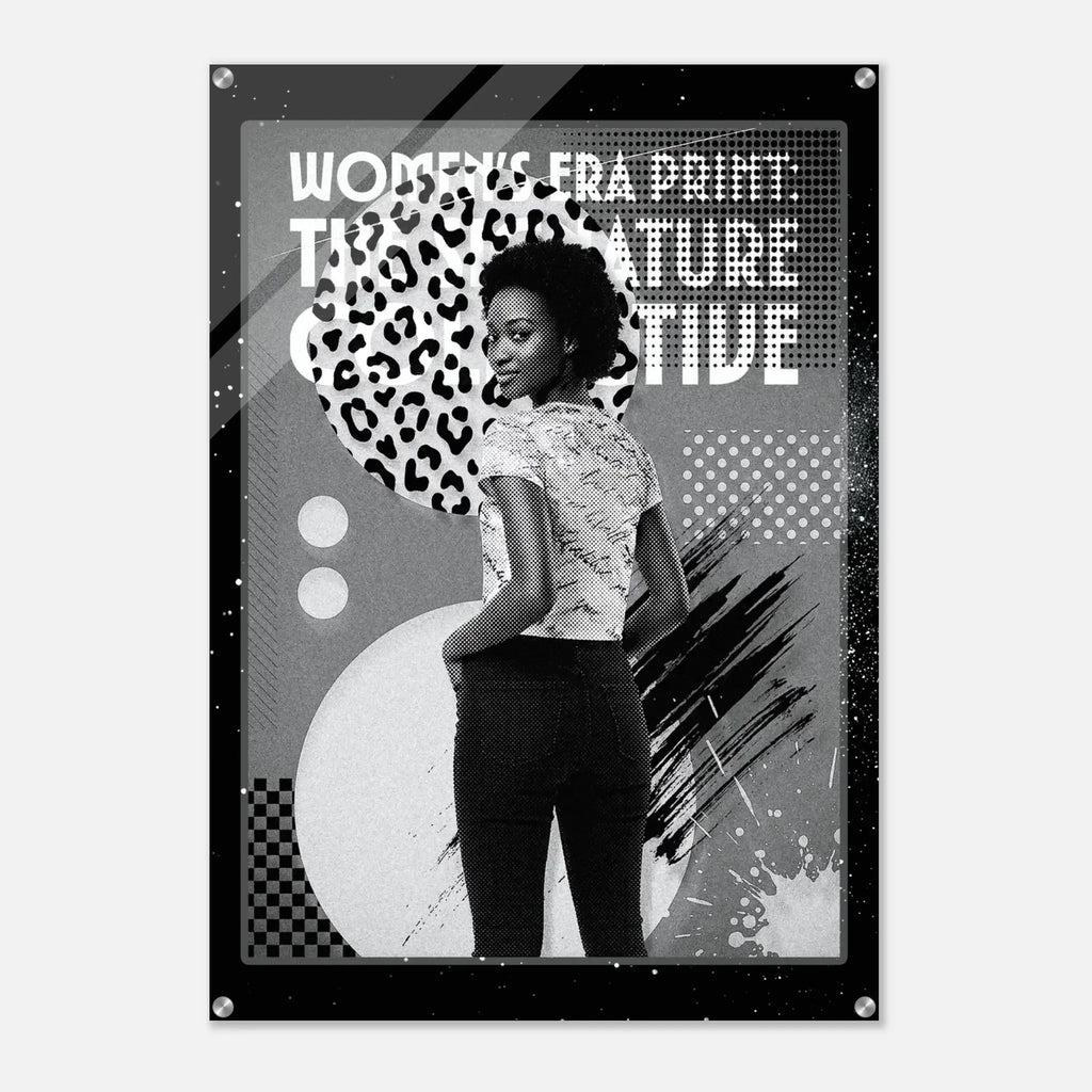 Poster with a woman wearing a leopard print top, text 'Women's Era Print: The Nature Tide', and abstract design elements.