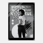 Poster with a woman wearing a leopard print top, text 'Women's Era Print: The Nature Tide', and abstract design elements.