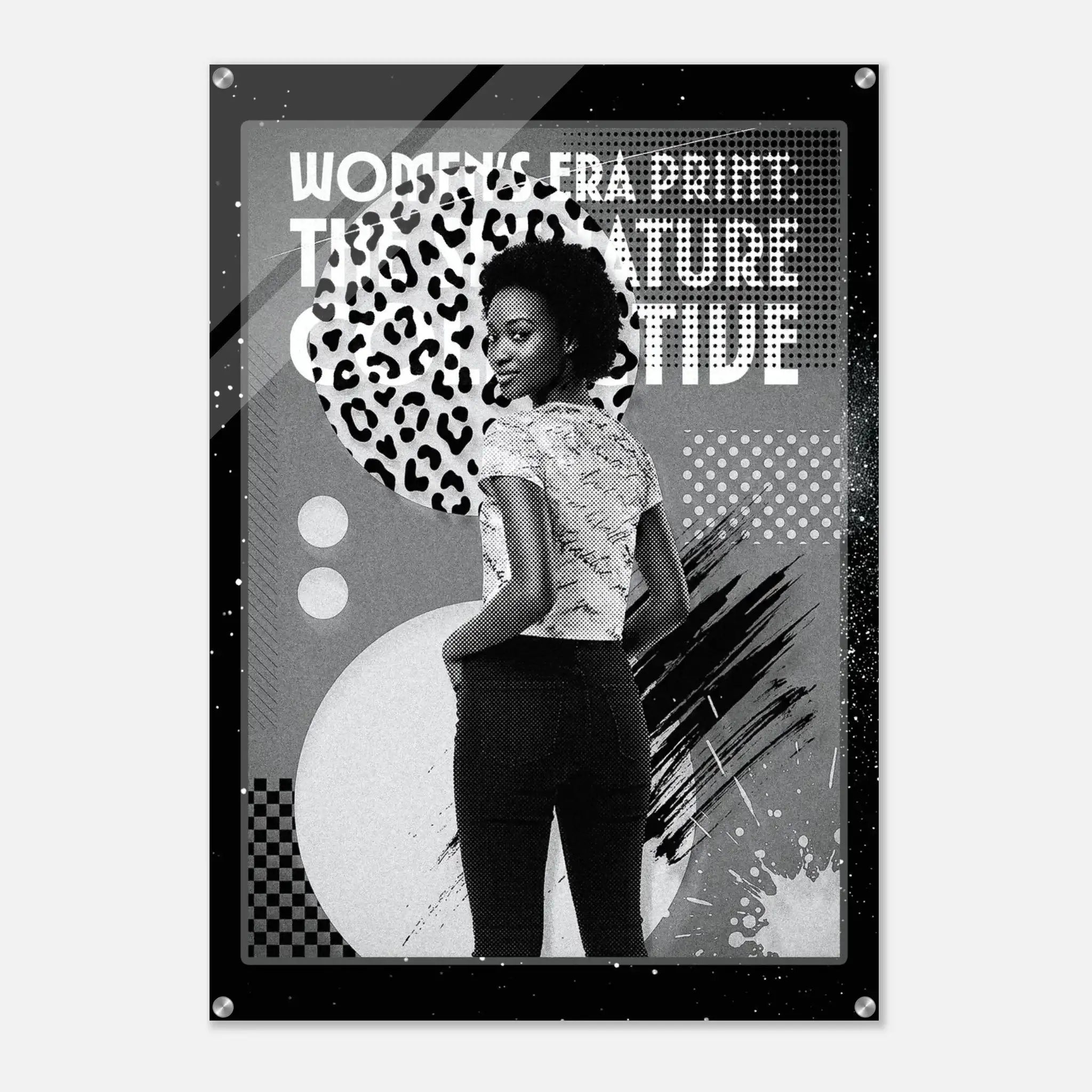 Poster with a woman wearing a leopard print top, text 'Women's Era Print: The Nature Tide', and abstract design elements.