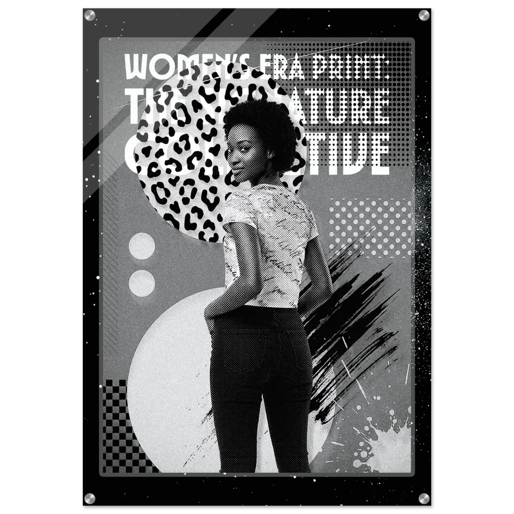 Poster with a woman wearing a patterned top and text about women's pride print.