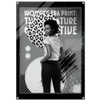 Poster with a woman wearing a patterned top and text about women's pride print.