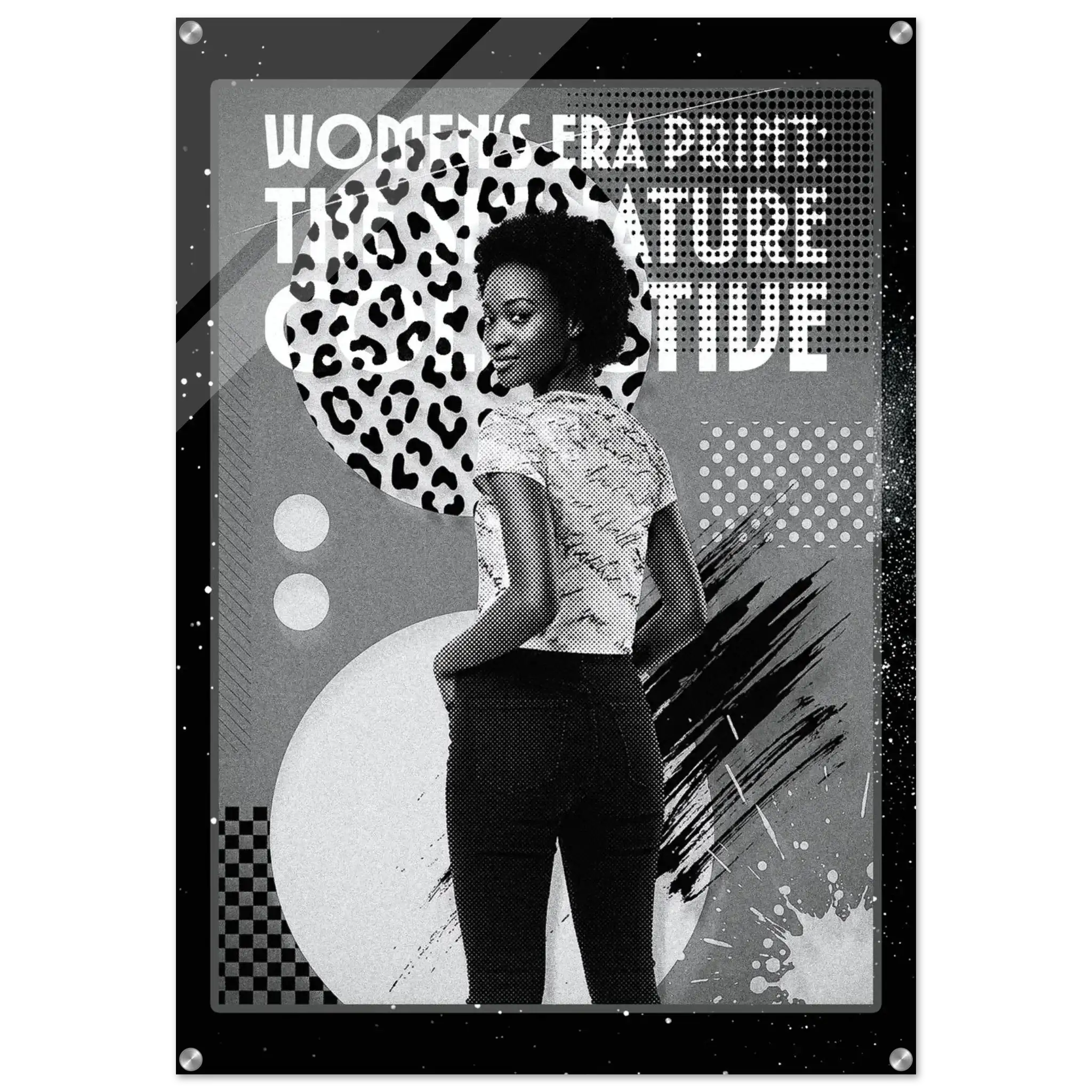 Poster with a woman wearing a patterned top and text about women's pride print.