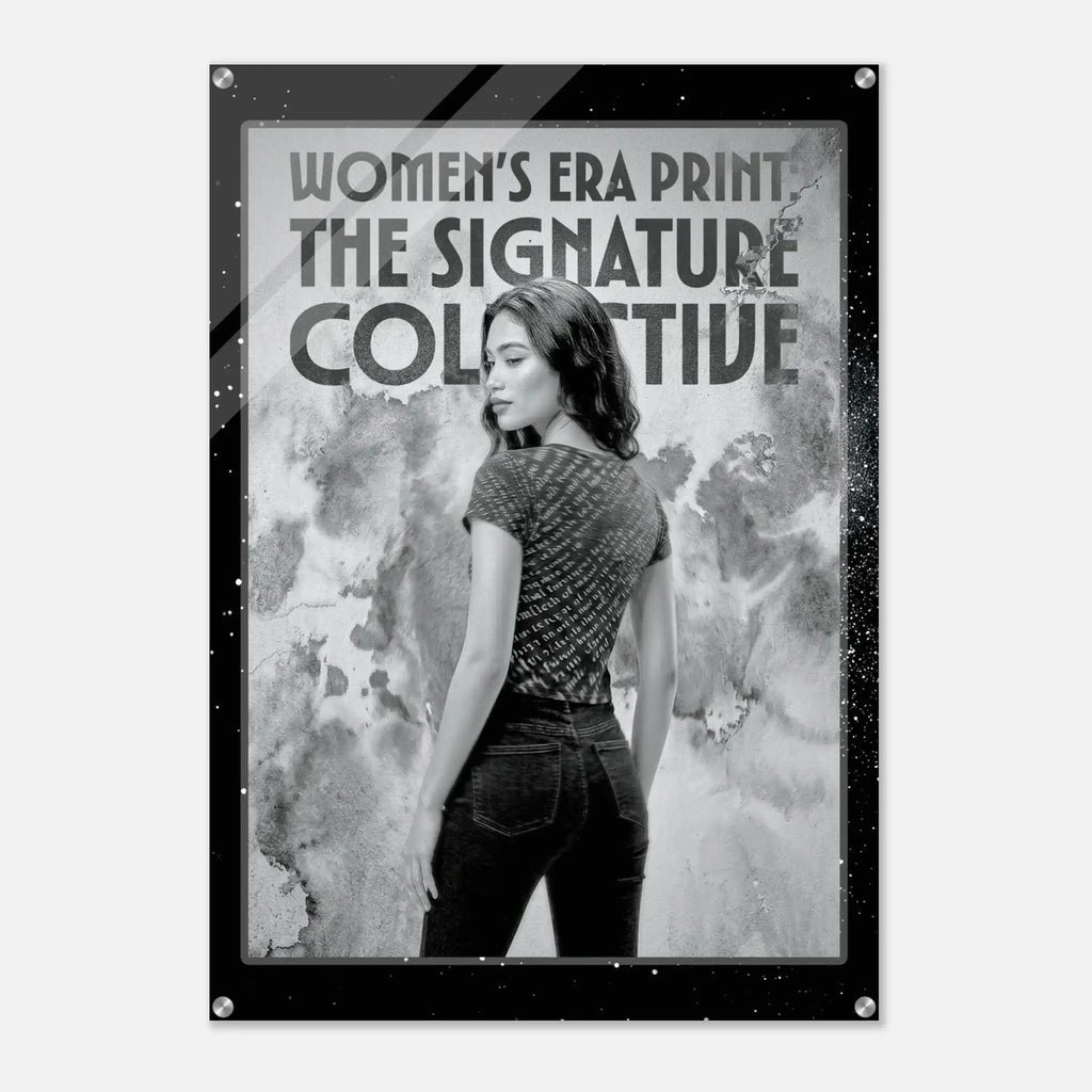 Poster with a woman wearing a patterned shirt and jeans, with text 'Women's Era Print The Signature Collective' on a textured background.
