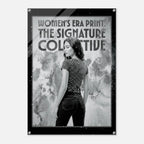 Poster with a woman wearing a patterned shirt and jeans, with text 'Women's Era Print The Signature Collective' on a textured background.