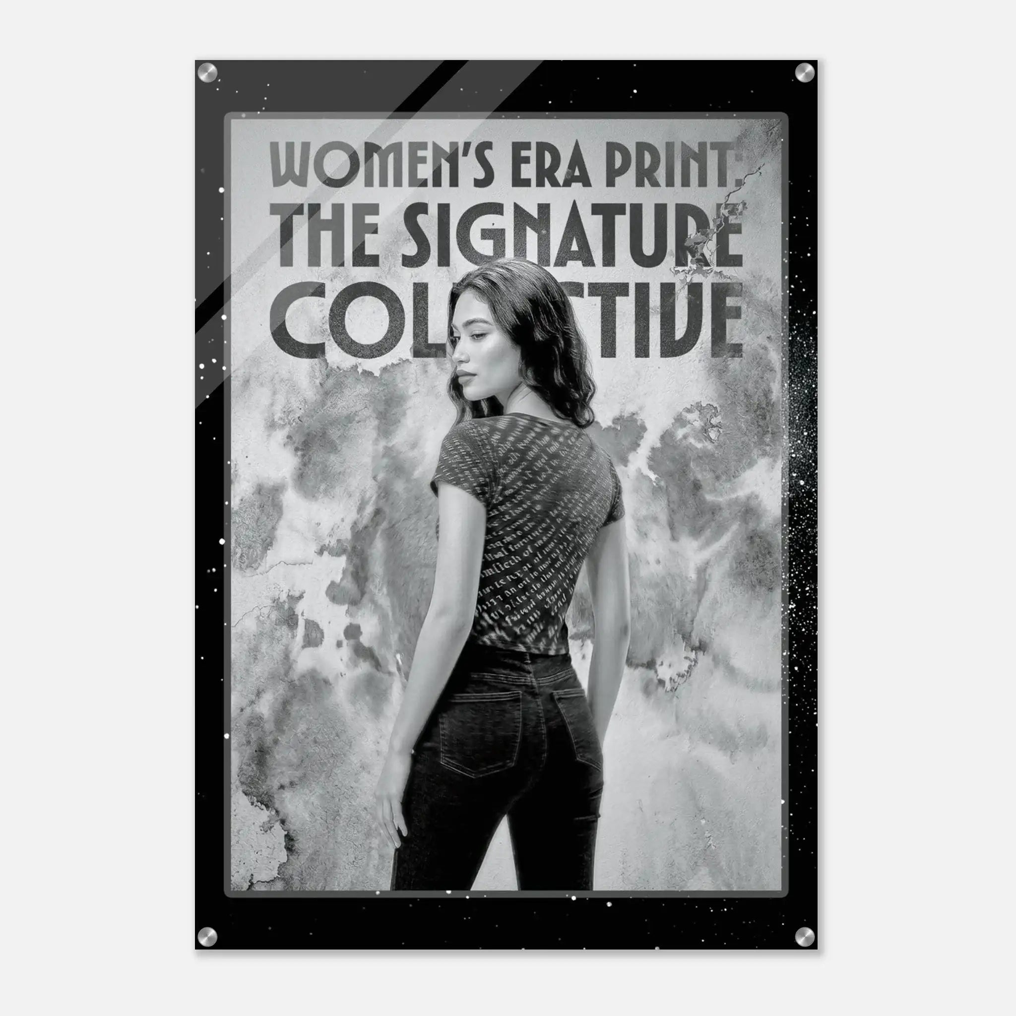 Poster with a woman wearing a patterned shirt and jeans, with text 'Women's Era Print The Signature Collective' on a textured background.