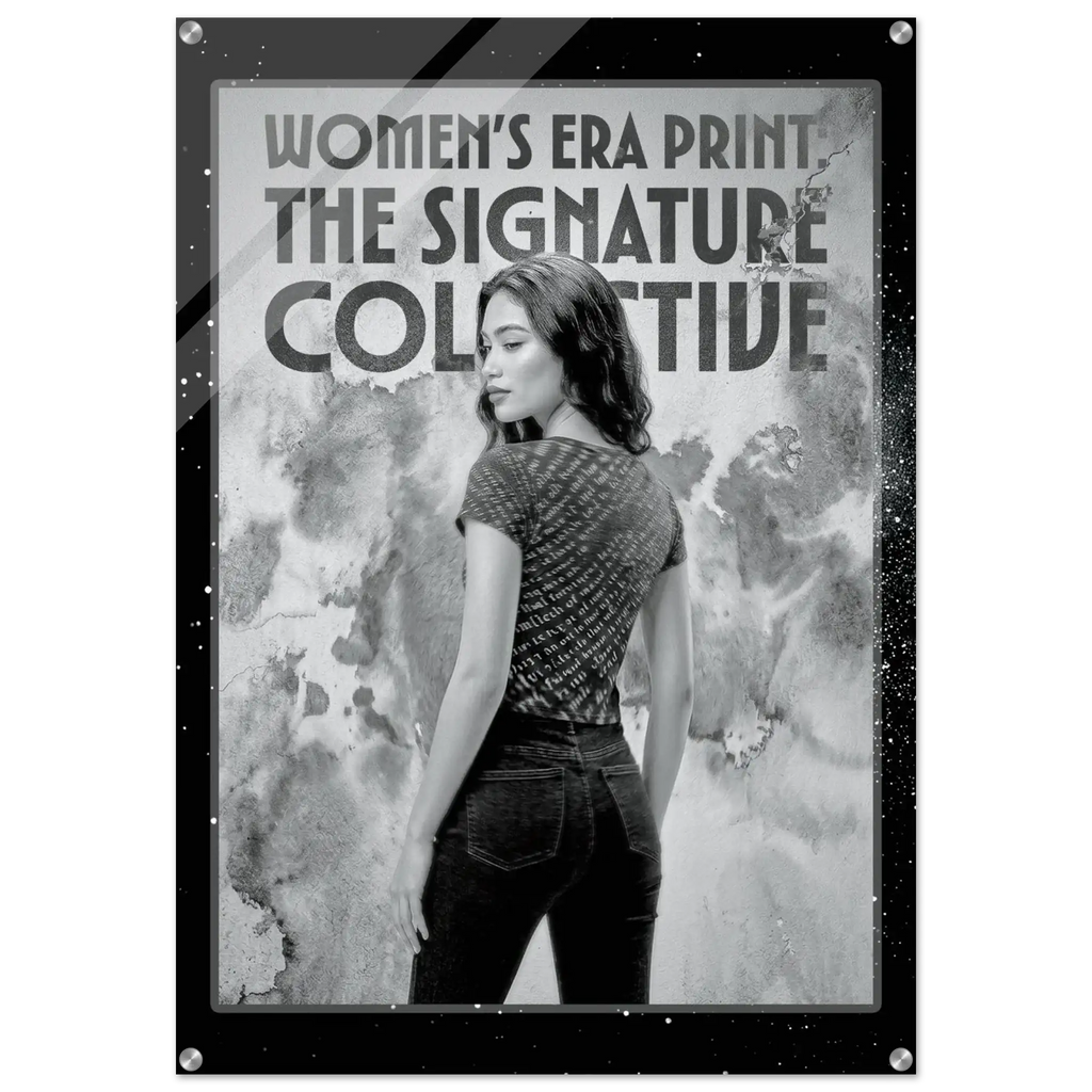 Woman wearing a patterned shirt with text overlay on a textured background