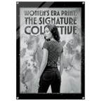 Woman wearing a patterned shirt with text overlay on a textured background