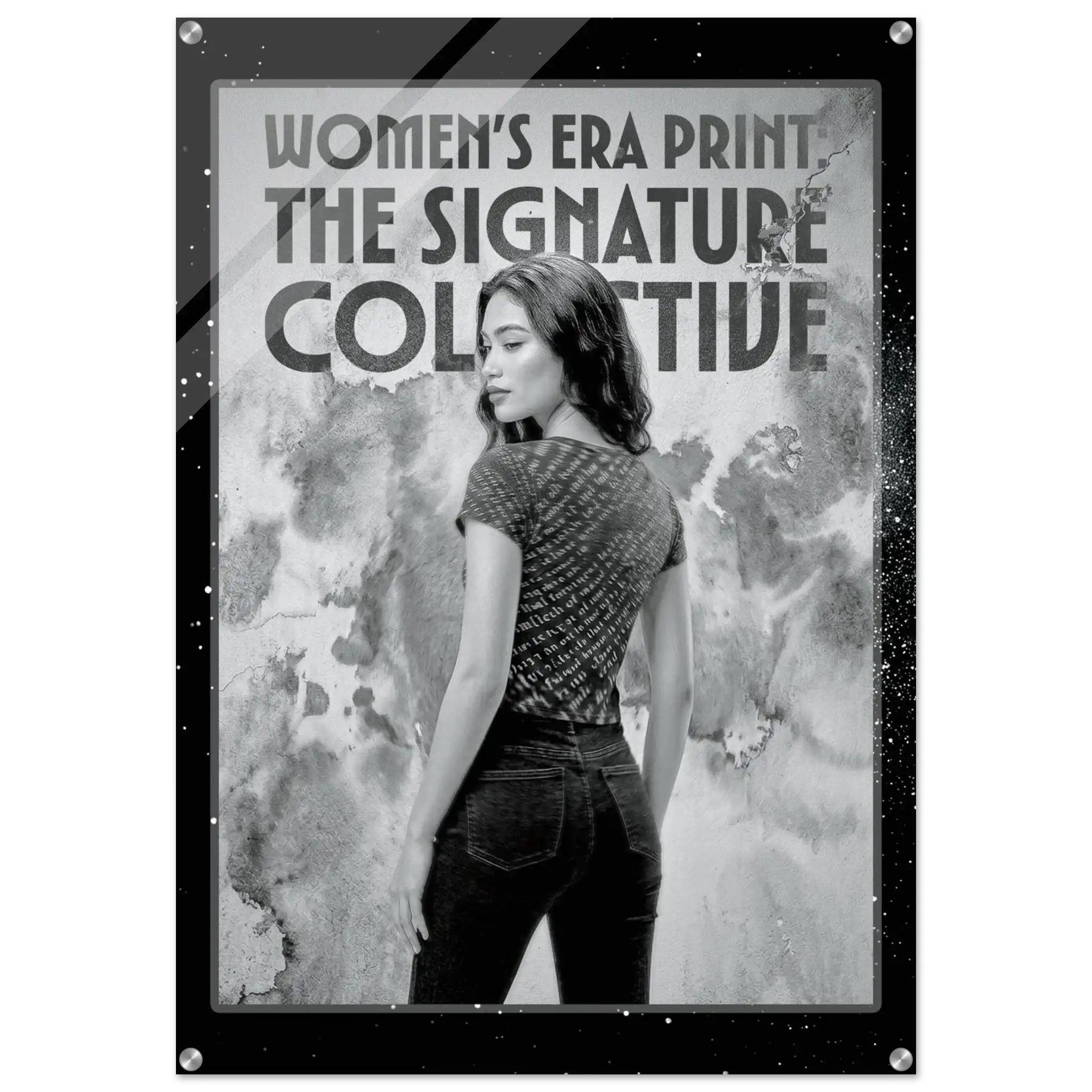Woman wearing a patterned shirt with text overlay on a textured background