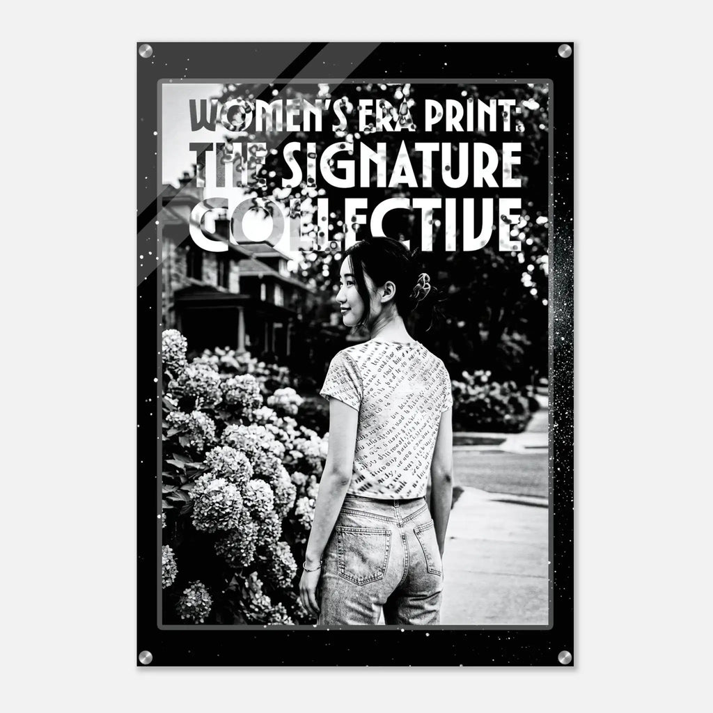 Poster with a woman standing in a garden, featuring text 'Women's Print The Signature Collective'.