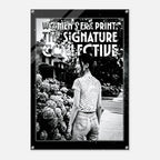 Poster with a woman standing in a garden, featuring text 'Women's Print The Signature Collective'.
