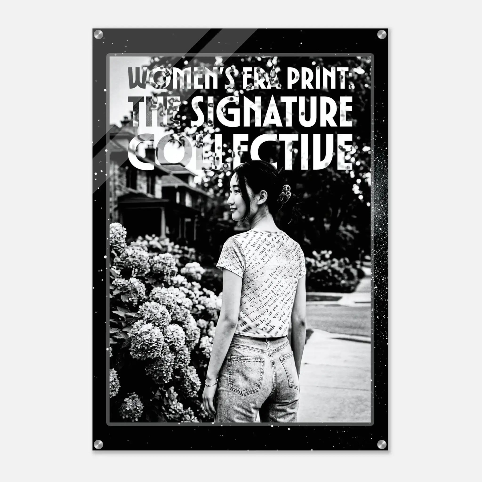 Poster with a woman standing in a garden, featuring text 'Women's Print The Signature Collective'.