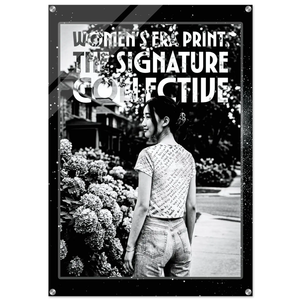 Woman wearing a patterned shirt with text overlay on a black border