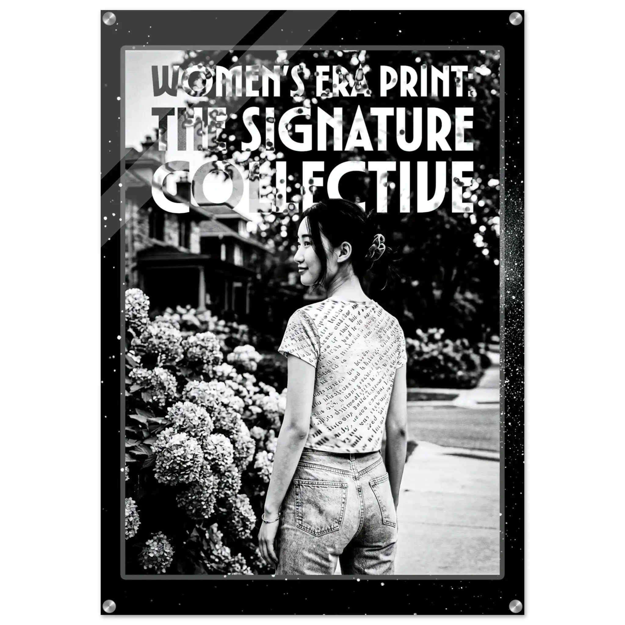 Woman wearing a patterned shirt with text overlay on a black border
