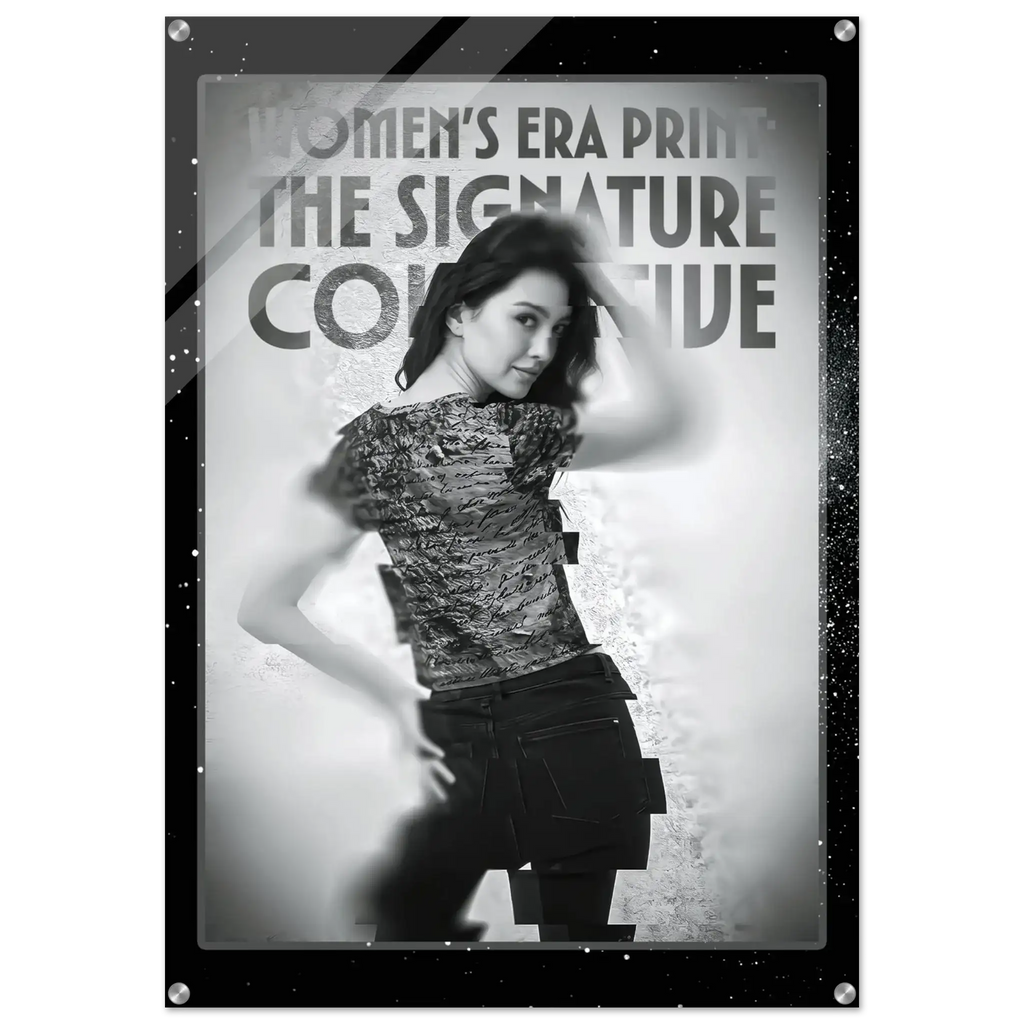 Poster of a woman wearing a patterned shirt with text about 'Women's Era Print' and 'The Signature Collective'.