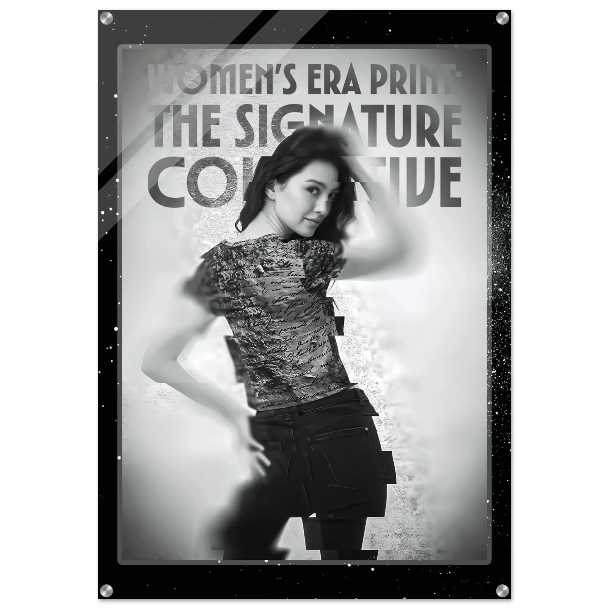 Poster of a woman wearing a patterned shirt with text about 'Women's Era Print' and 'The Signature Collective'.