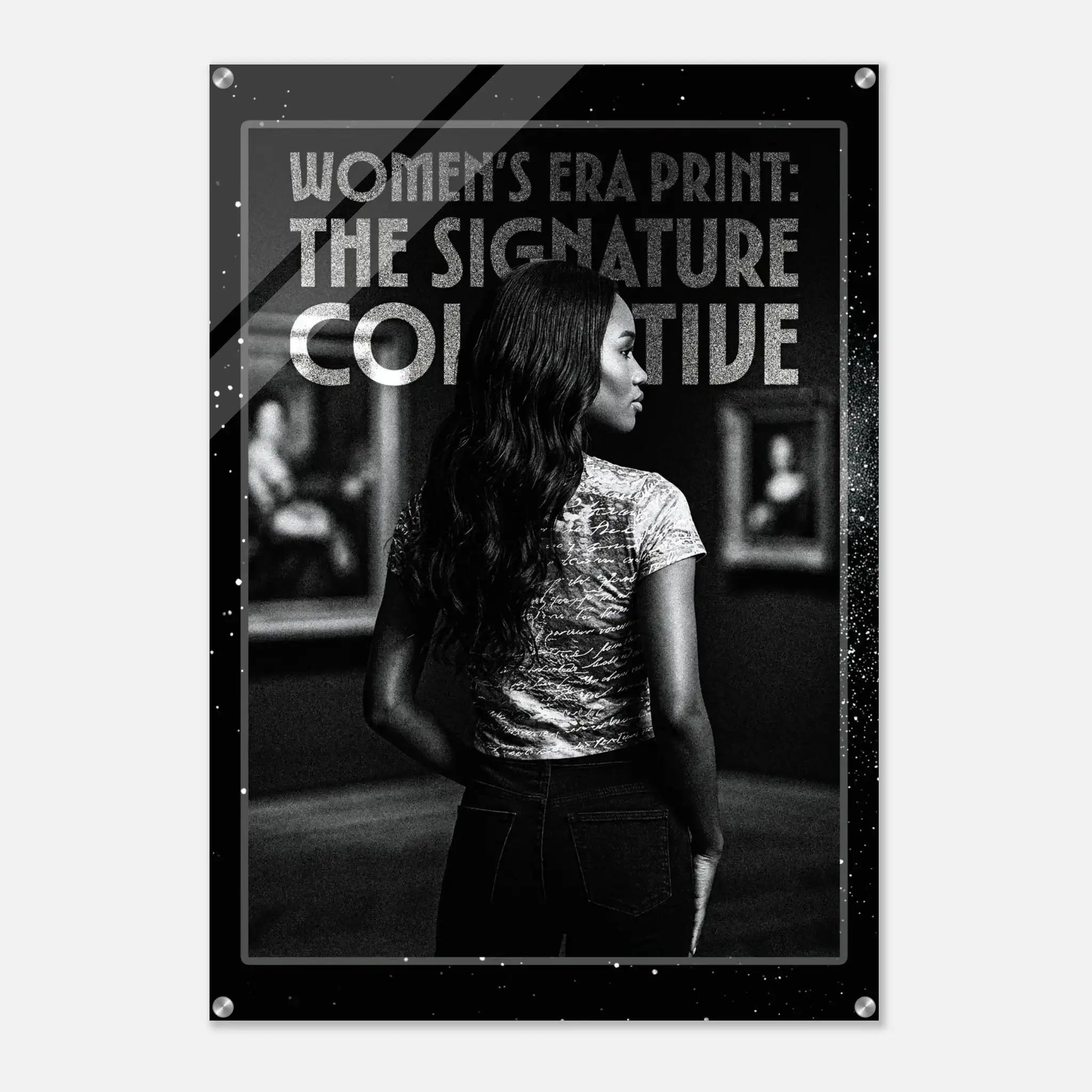 Poster with a woman in a patterned top and text about 'Women's Era Print' on a black background.
