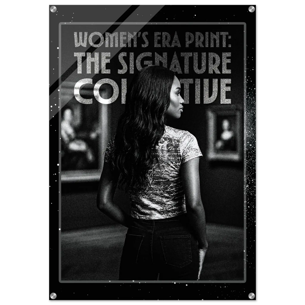 Black and white poster with a woman and text about 'Women's Era Print' and 'The Signature Collective'.