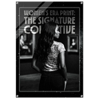 Black and white poster with a woman and text about 'Women's Era Print' and 'The Signature Collective'.