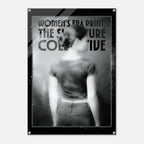 Poster with a woman's silhouette and text about the Women's Era Print Collective on a dark background.