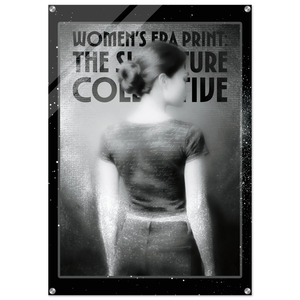 Black and white image of a woman with text overlay on a dark background