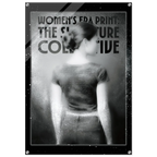 Black and white image of a woman with text overlay on a dark background