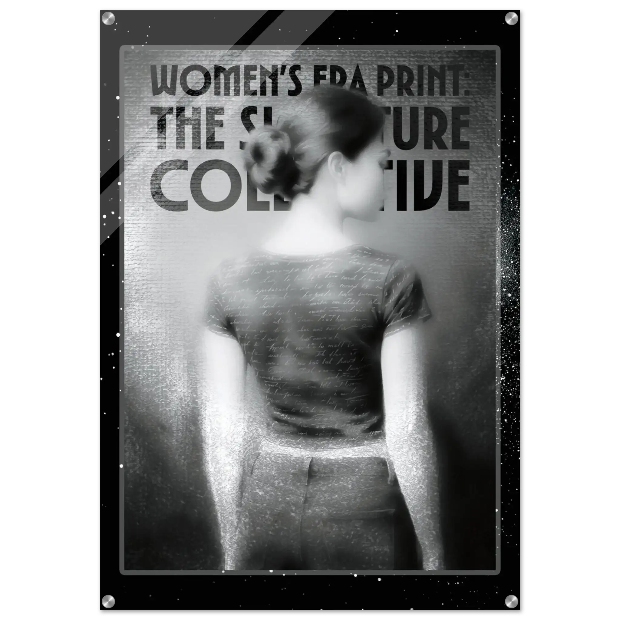 Black and white image of a woman with text overlay on a dark background