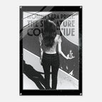 Black and white illustration of a woman standing in front of a glass door with text.