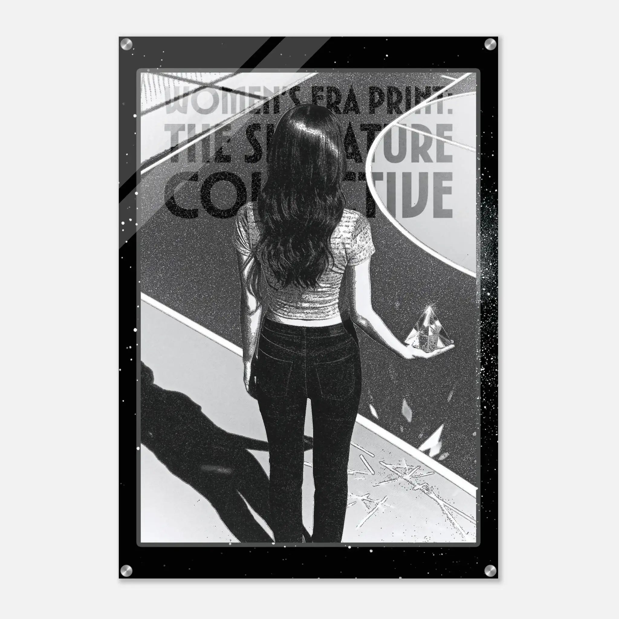 Black and white illustration of a woman standing in front of a glass door with text.