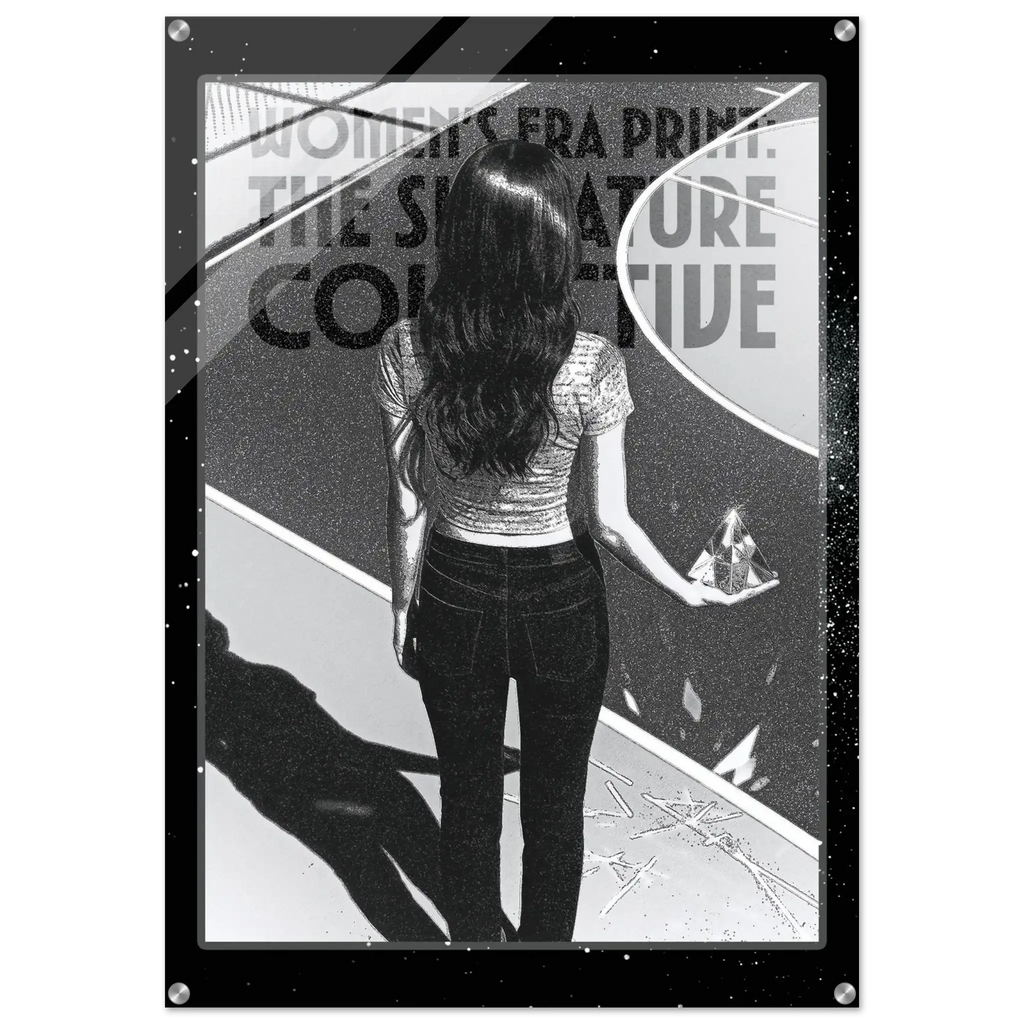 Black and white illustration of a woman standing in front of a mirror with text overlay.
