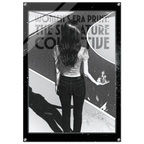 Black and white illustration of a woman standing in front of a mirror with text overlay.