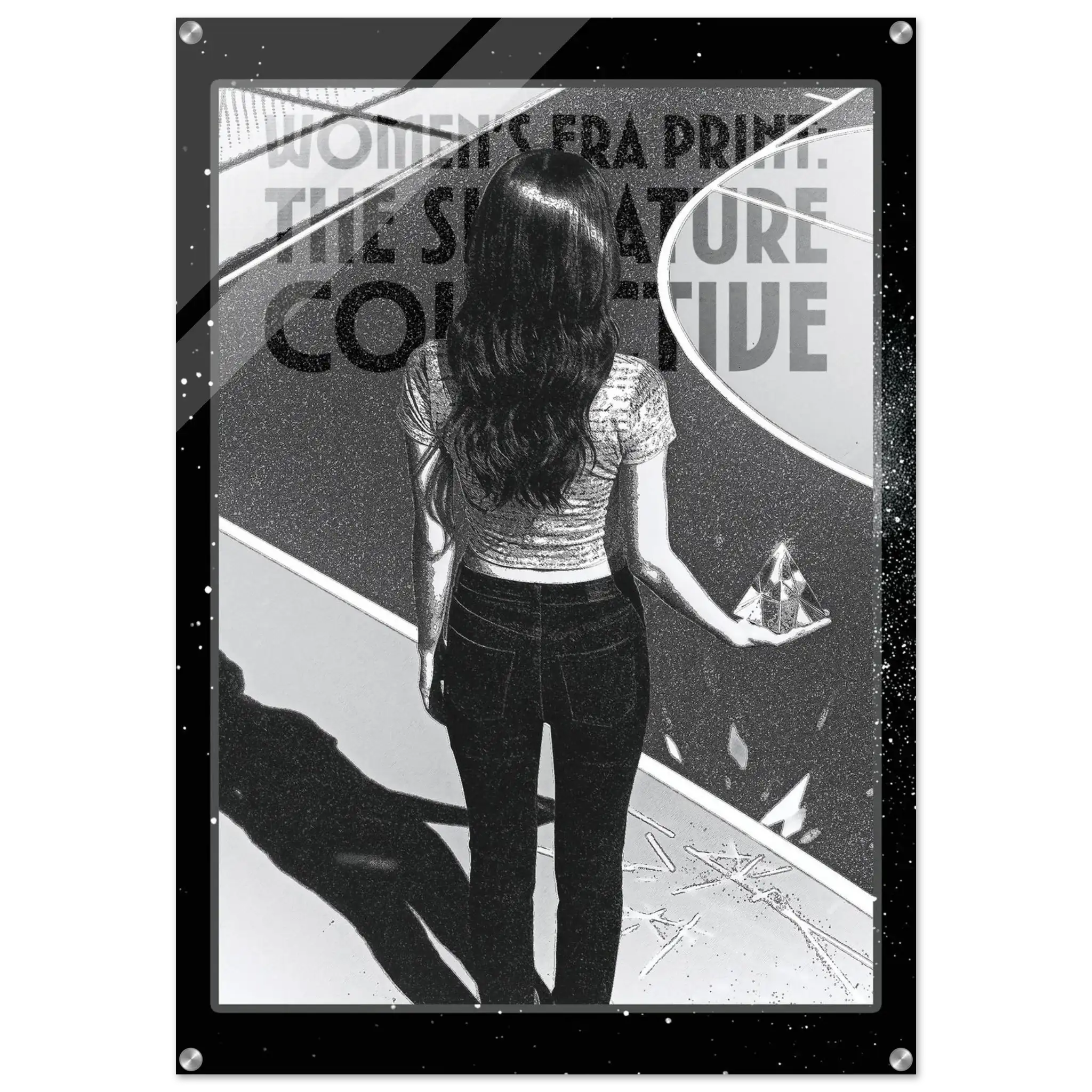 Black and white illustration of a woman standing in front of a mirror with text overlay.