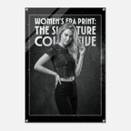 Poster with a woman in a black sequin top and jeans, text 'Women's Era Print: The Signature Collection' on a dark background.
