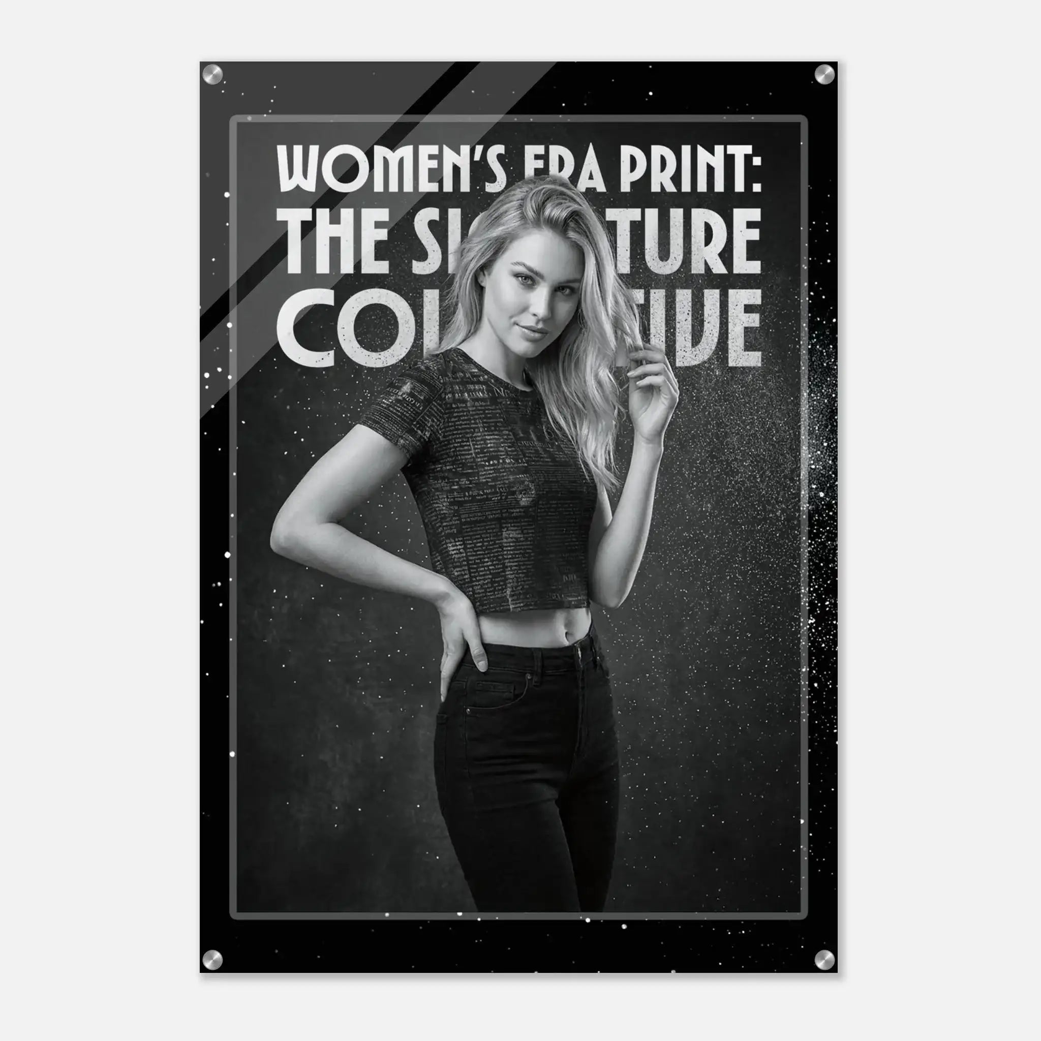 Poster with a woman in a black sequin top and jeans, text 'Women's Era Print: The Signature Collection' on a dark background.